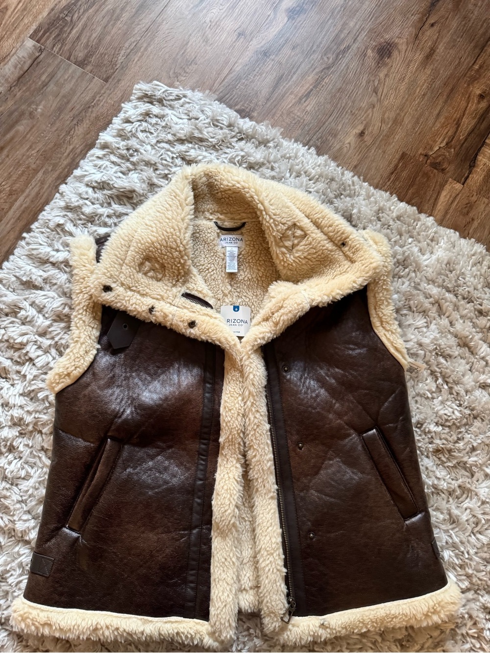 NWT Arizona Jean Company Brown Faux Leather Vest with Cream Sherpa Hood